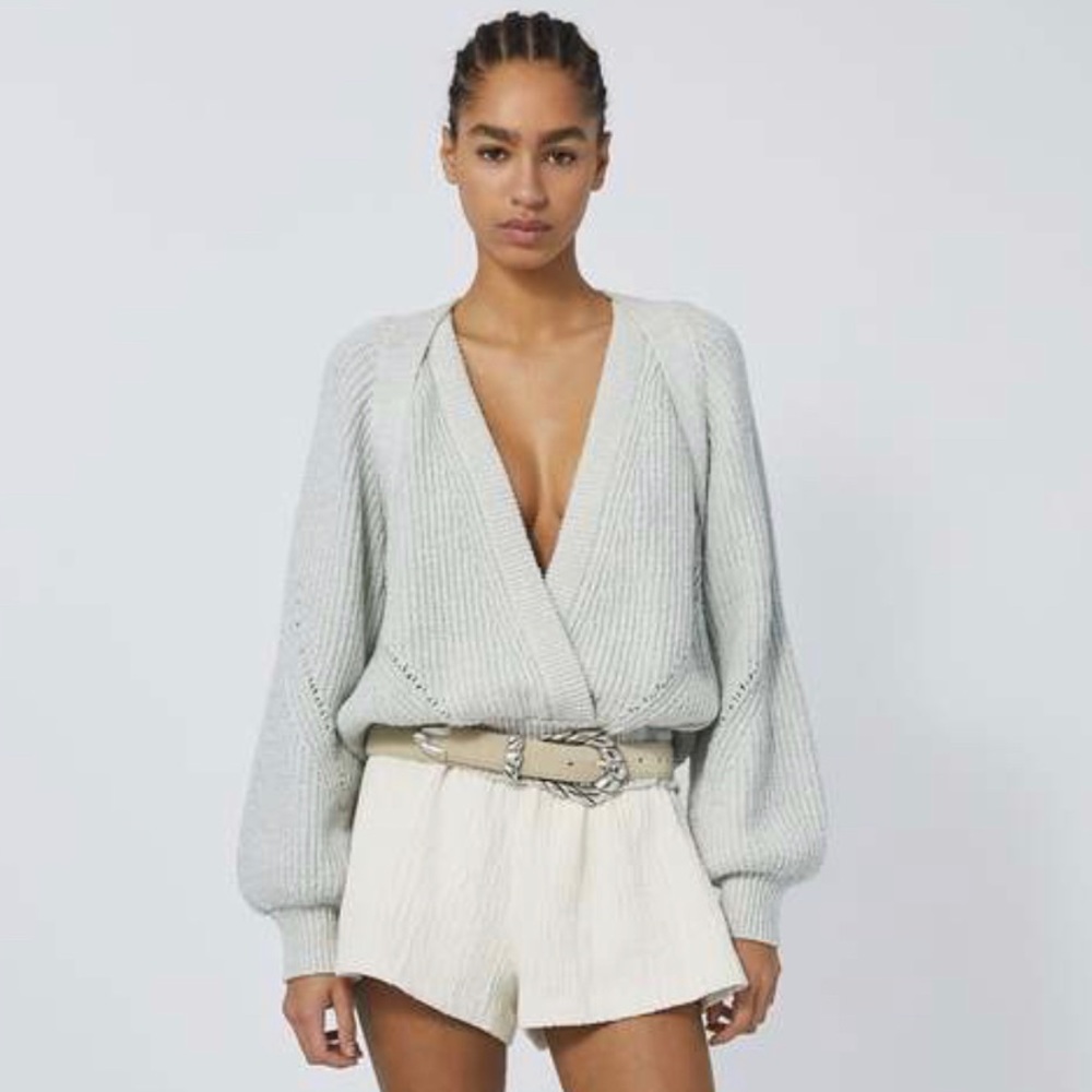 NWOT IRO PARIS Dorrin V Neck Sweater Wrap Collar Pointelle Balloon Sleeves